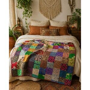 Handmade Vintage Kantha Quilt 52x60 Patchwork Cotton Throw Boho Bedding